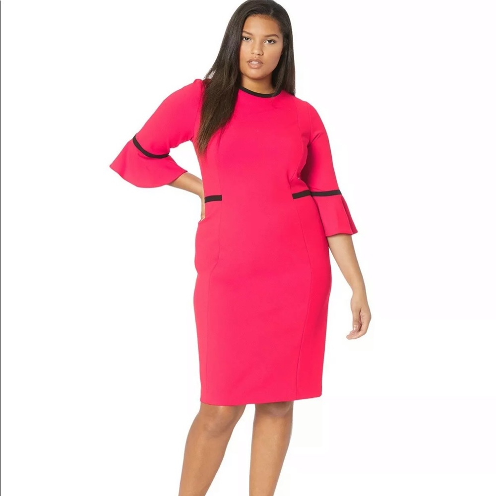 Calvin Klein pink Bell Sleeve black Piping Dress